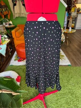 Reitmans Black Midi Skirt with Pink & Light Green Polka Dots